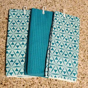 Microfiber Kitchen Towels 15"x25" Set Of 3 Blue & White Geometric NEW